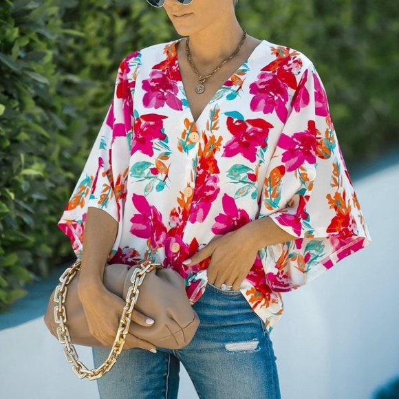 Spring/Summer Floral Print Button Blouse - Picture 2 of 5